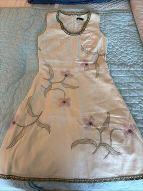 Tocca Cream Embroidered Linen Dress with Olive Lace Trim